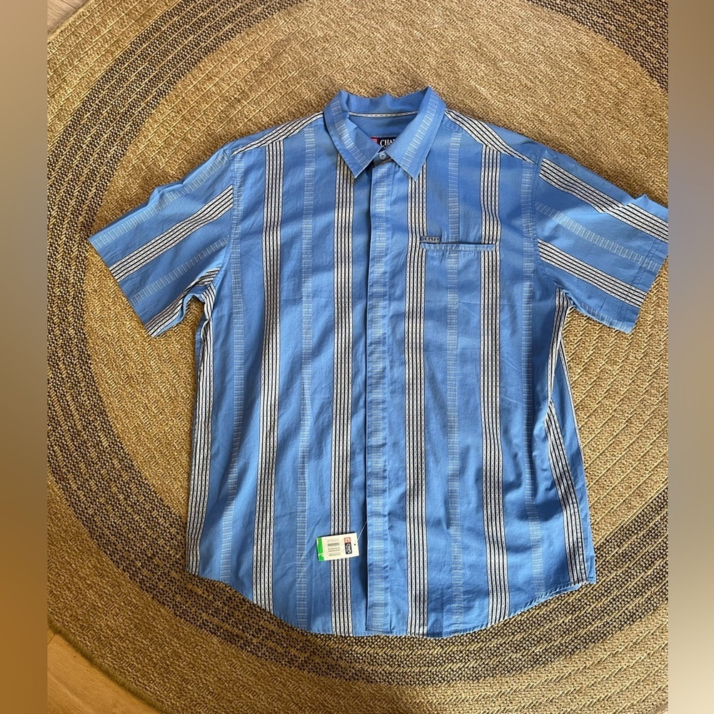 NWT Chaps blue short-sleeve button-down shirt vertical stripes & chest pocket. - Picture 5 of 11
